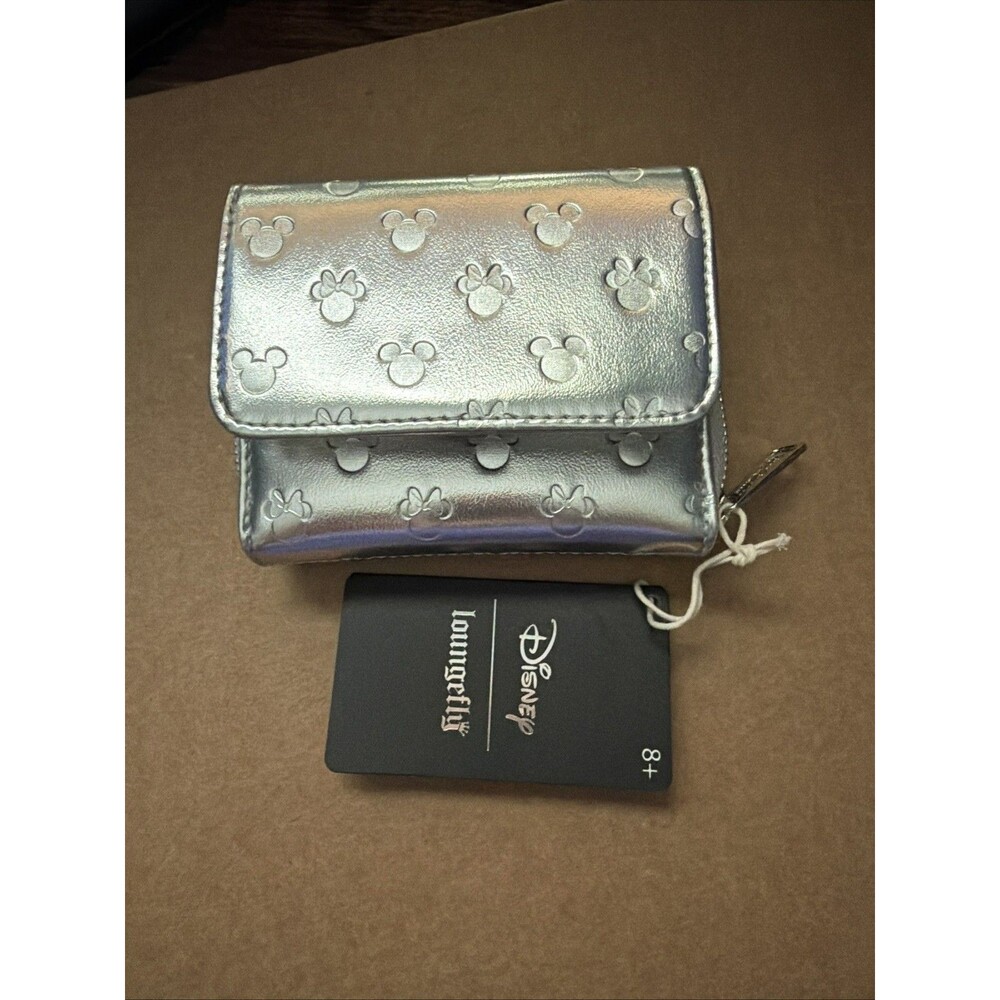 Loungefly Disney Mickey & Minnie Mouse Silver Metallic Wallet debossed icons NWT